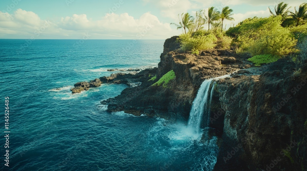 Majestic Cliffside Waterfall Plunging Into Vibrant Ocean Waters Majestic Cliffside Waterfall Plunging Into Vibrant Ocean Waters