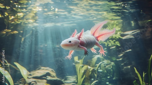 Albino Axolotl Swimming in Aquatic Habitat photo