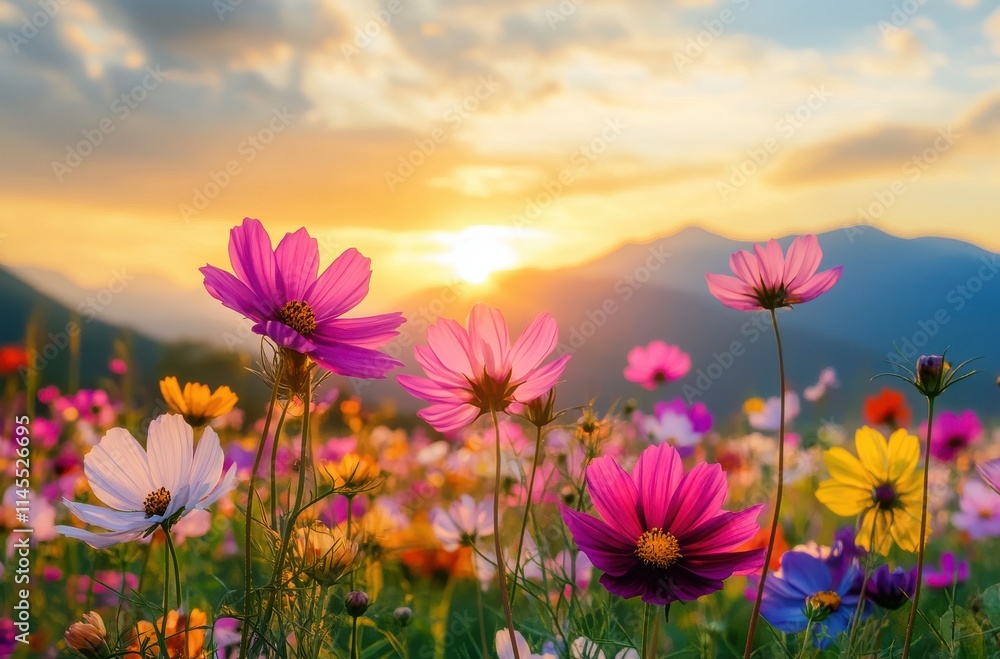 Fototapeta premium Vibrant Flower Field at Sunset with Colorful Blooms and Mountains in the Background Under a Cloudy Sky, Capturing Nature's Beauty and Serenity