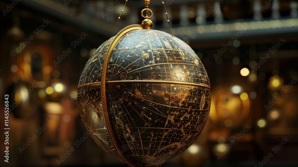 Obraz premium A vintage celestial globe hangs from the ceiling in a museum setting.