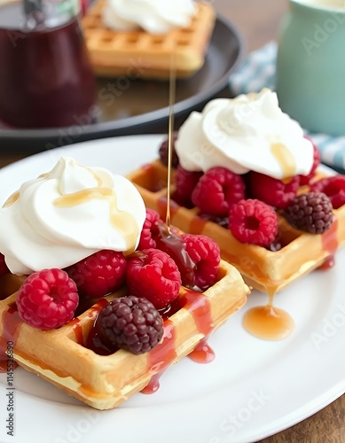  waffles with raspberries and whipped cream on a plate. photo