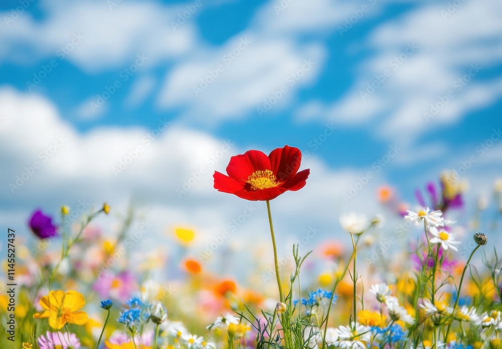 Vibrant Red Flower Amidst a Colorful Blooming Meadow under a Bright Blue Sky with Whimsical Clouds and a Lush Green Backdrop Vibrant Red Flower Amidst a Colorful Blooming Meadow under a Bright Blue Sky with Whimsical Clouds and a Lush Green Backdrop