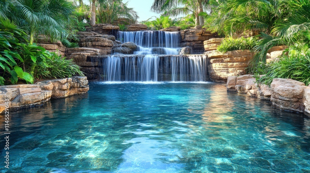 Serene Waterfall with Crystal Clear Pool Surrounded by Lush Tropical Foliage in a Tranquil Paradise Setting for Relaxation and Serenity Serene Waterfall with Crystal Clear Pool Surrounded by Lush Tropical Foliage in a Tranquil Paradise Setting for Relaxation and Serenity