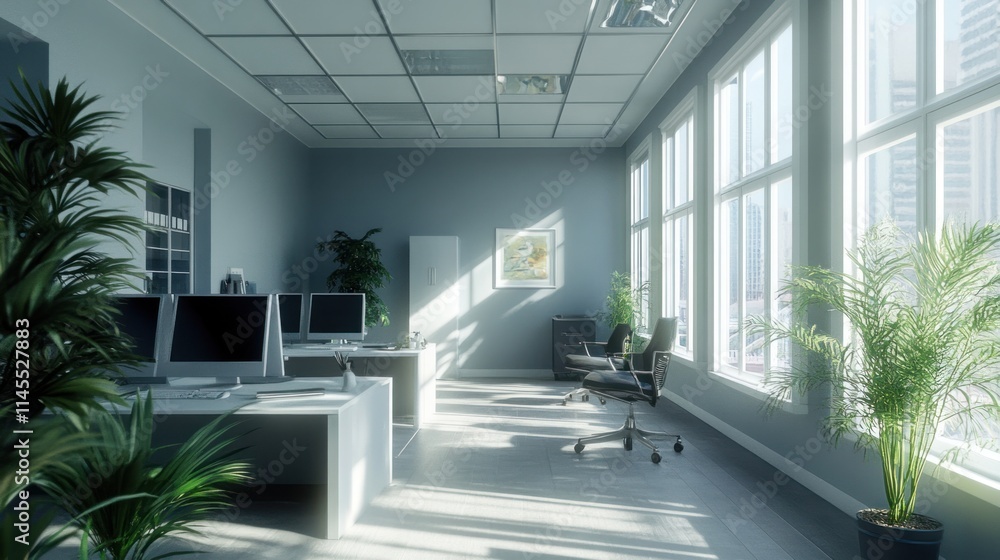 Sunlit Modern Office Interior Design with Plants and City View Sunlit Modern Office Interior Design with Plants and City View