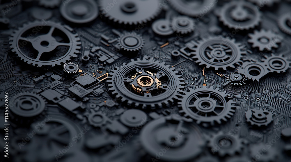 Intricate black gears and circuits create complex mechanical design, showcasing beauty of technology and engineering. arrangement highlights interplay of form and function Intricate black gears and circuits create complex mechanical design, showcasing beauty of technology and engineering. arrangement highlights interplay of form and function