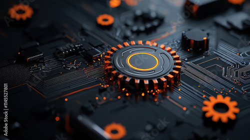 tech inspired abstract composition featuring motherboard with intricate circuits and glowing orange elements, creating futuristic and dynamic atmosphere photo