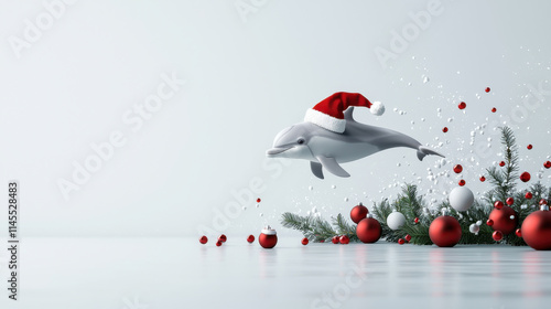 cheerful dolphin wearing Santa hat leaps joyfully among festive decorations, including red and white ornaments and pine branches, creating playful holiday scene photo