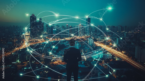 Smart digital city with connection cyber security network reciprocity over the cityscape . future smart wireless digital city and social media networking systems that connects people within the city