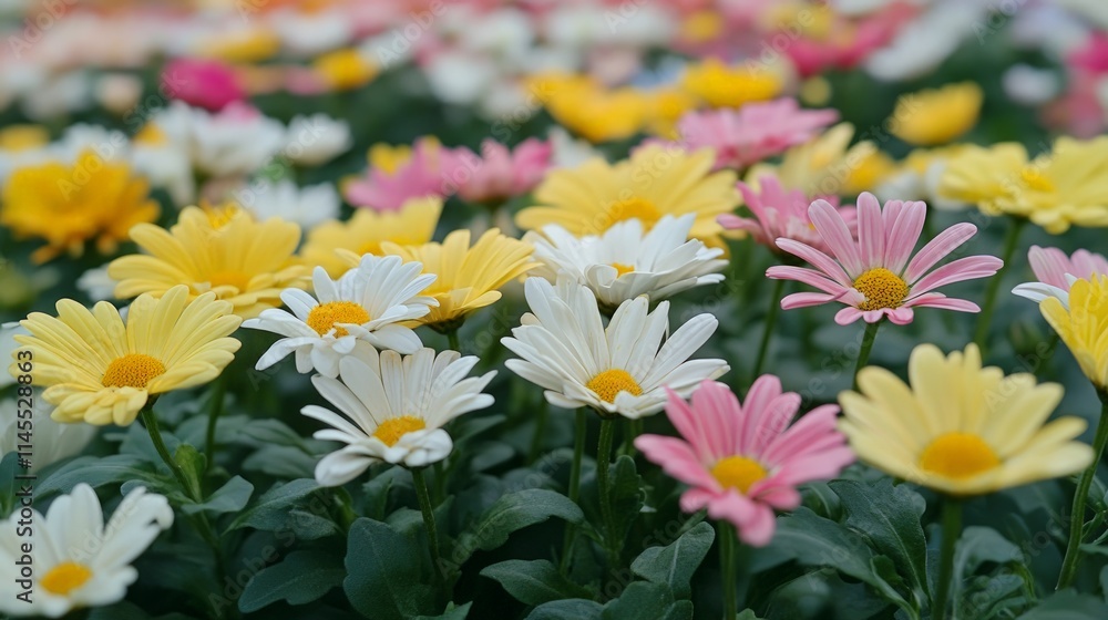 Fototapeta premium Colorful Daisy Field with Vibrant Yellow and Pink Blossoms