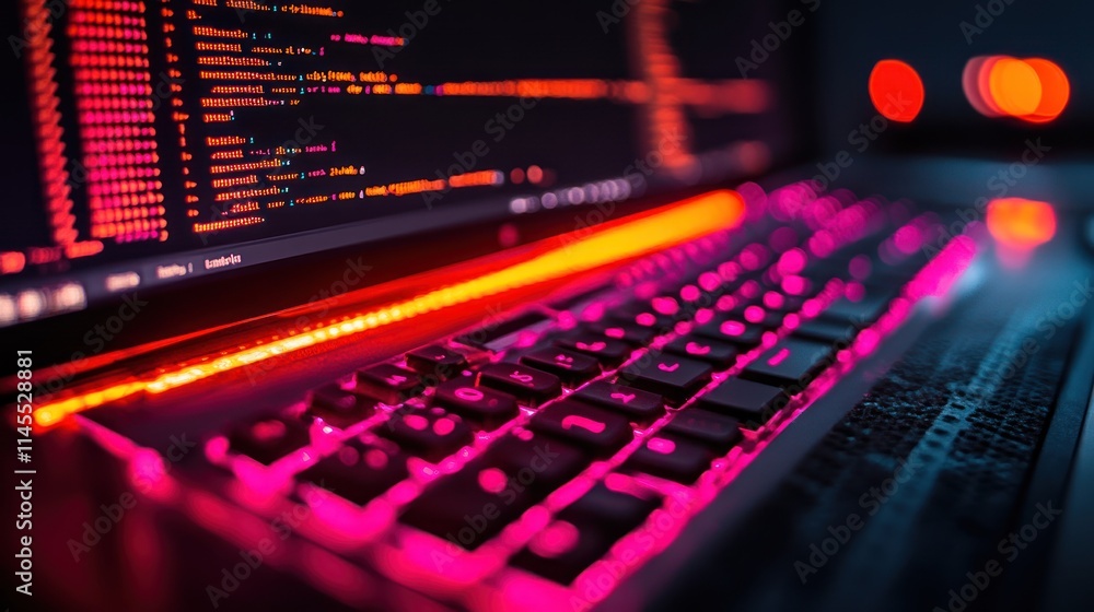 Colorful keyboard with code on a screen. Colorful keyboard with code on a screen.