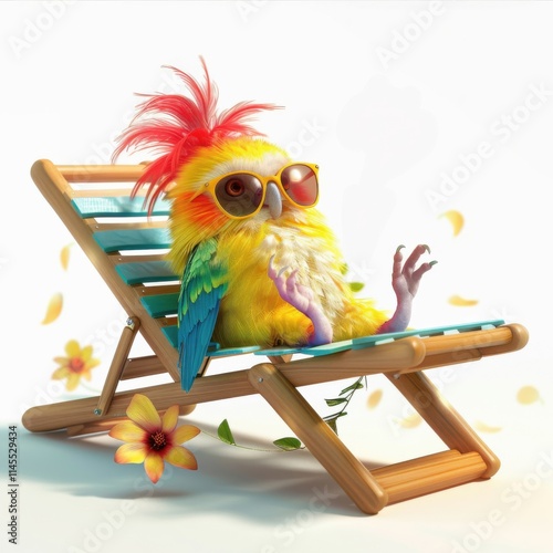 Cute funny parrot enjoying a sunny day while lounging on a sun lounger photo