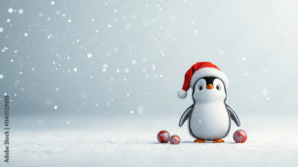 joyful penguin wearing Santa hat stands in snow, surrounded by festive ornaments. scene captures cheerful winter atmosphere with falling snowflakes joyful penguin wearing Santa hat stands in snow, surrounded by festive ornaments. scene captures cheerful winter atmosphere with falling snowflakes