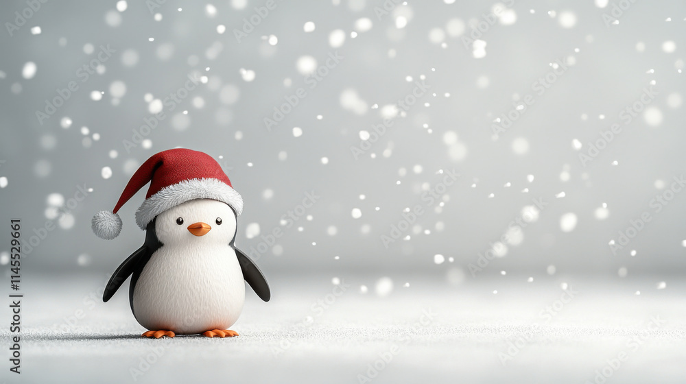 cheerful penguin wearing Santa hat stands in snowy landscape, surrounded by falling snowflakes, evoking festive winter atmosphere cheerful penguin wearing Santa hat stands in snowy landscape, surrounded by falling snowflakes, evoking festive winter atmosphere