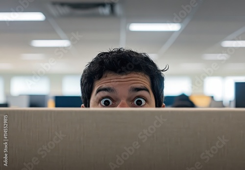 Young man with curious expression peeking over an office cubicle wall, showcasing surprise and intrigue in a modern workspace environment