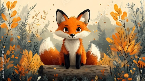 Playful vector illustration of a fox sitting on a log in the woods ideal for nature and wildlife themes photo