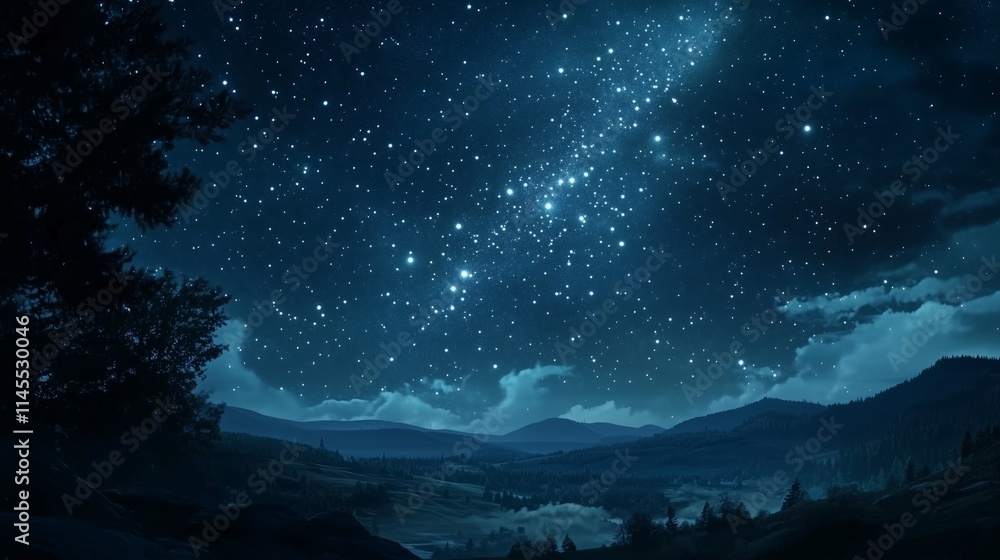A serene night sky sparkles with stars, while soft clouds drift above tranquil forests and hills. A serene night sky sparkles with stars, while soft clouds drift above tranquil forests and hills.