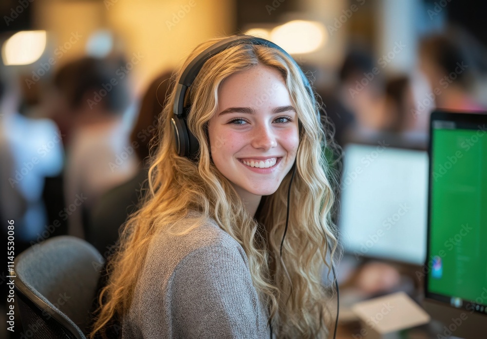 Young Woman Smiling While Wearing Headphones in a Modern Office Environment with Computer Screens and Colleagues Working in the Background Young Woman Smiling While Wearing Headphones in a Modern Office Environment with Computer Screens and Colleagues Working in the Background