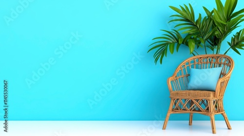 A stylish wicker chair with a cushion sits against a vibrant blue wall, complemented by lush green foliage, creating a refreshing and inviting atmosphere.