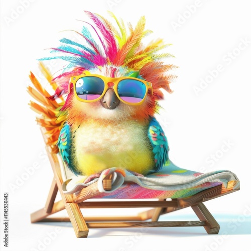 Cute funny parrot with colorful hair relaxing on a chair in bright sunglasses