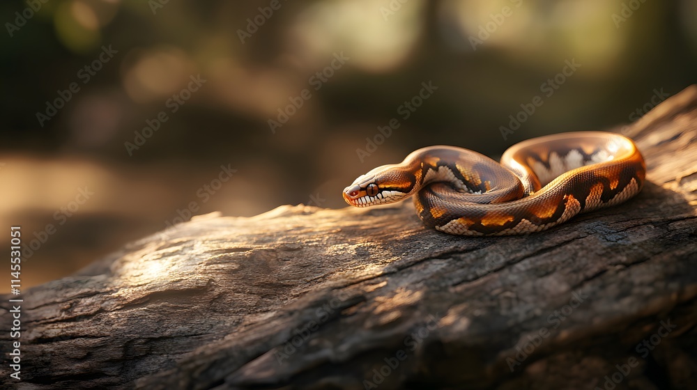 Fototapeta premium A Ball Python Resting On A Sunlit Log