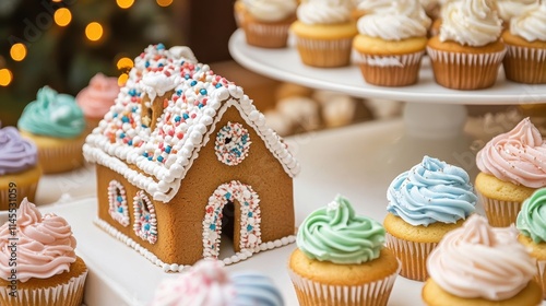 A festive holiday dessert table featuring gingerbread houses and colorful cupcakes