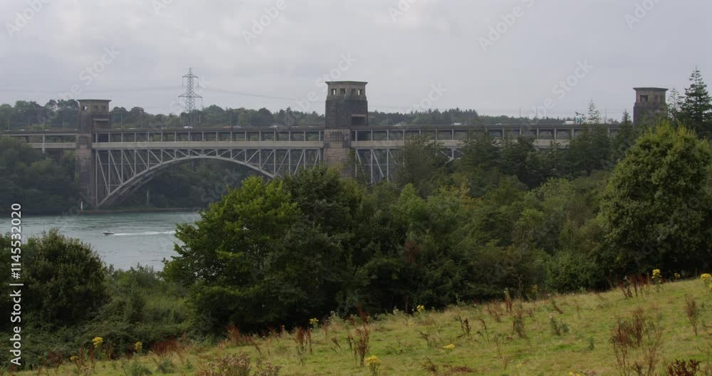 Wide shot of Britannia Bridge with trees at Menai Strait, Wide shot of Britannia Bridge with trees at Menai Strait,
