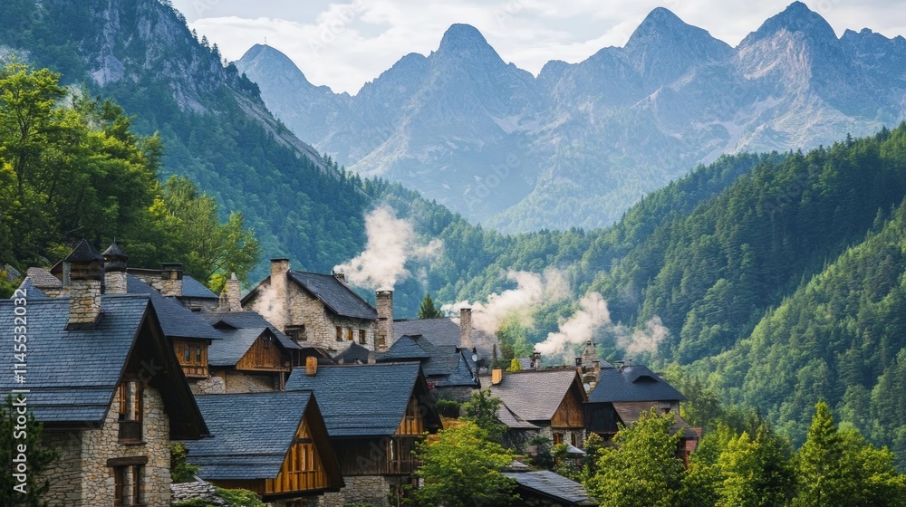 Cozy Mountain Village with Smoke Rising Amidst Scenic Peaks Cozy Mountain Village with Smoke Rising Amidst Scenic Peaks