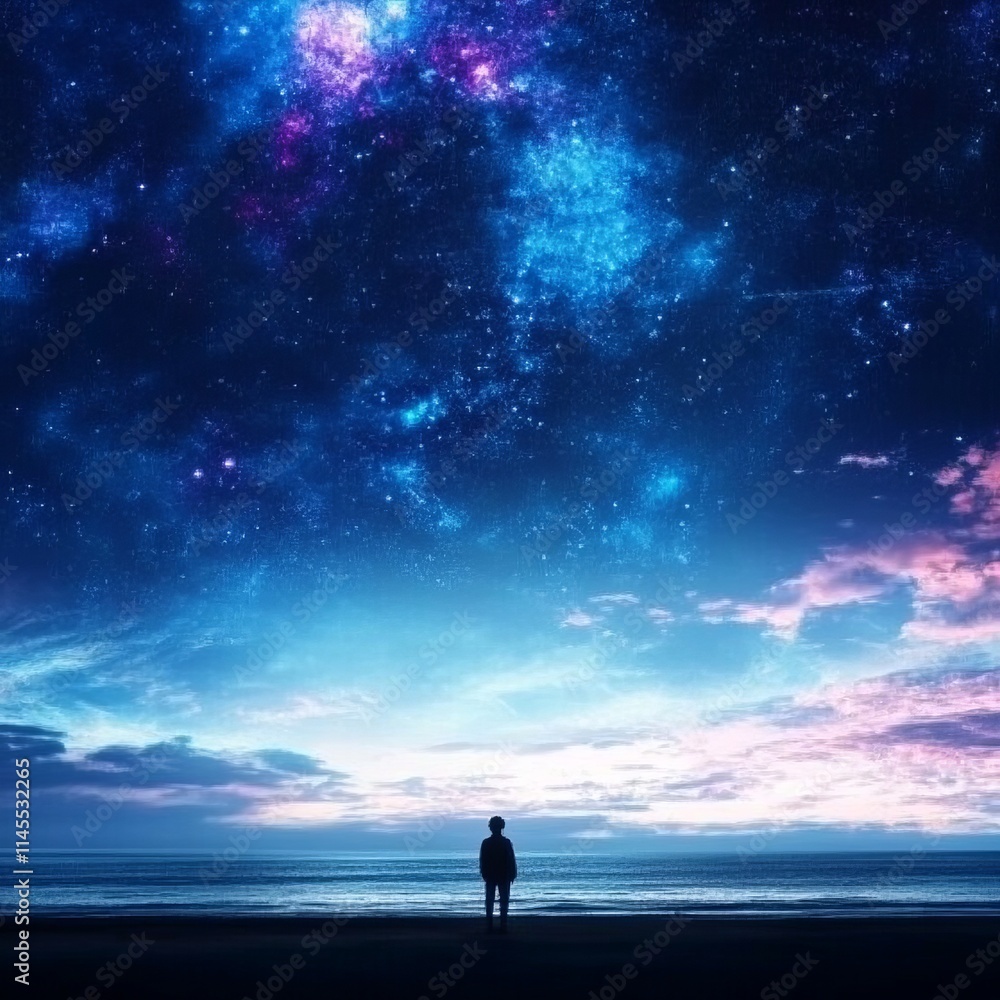 Solitary Figure Contemplates Starry Night Seascape Solitary Figure Contemplates Starry Night Seascape