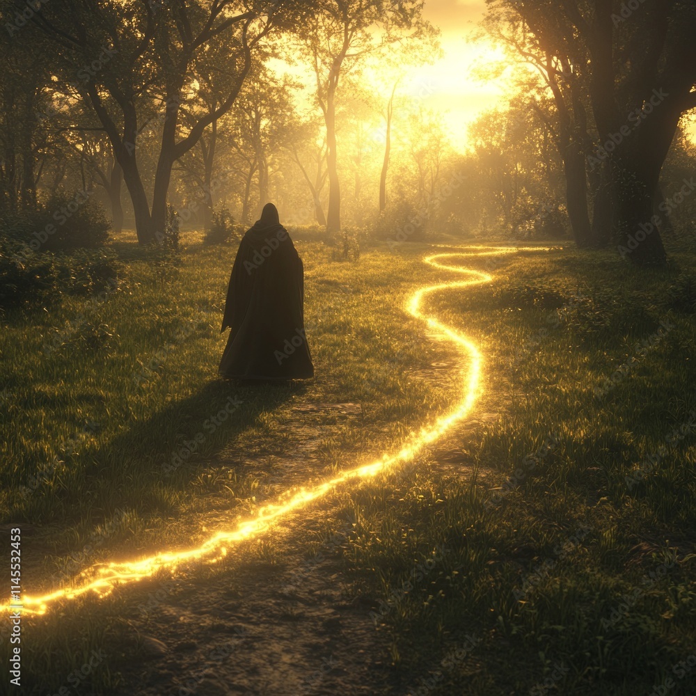 Solitary Figure on Glowing Path Through Enchanted Forest Solitary Figure on Glowing Path Through Enchanted Forest