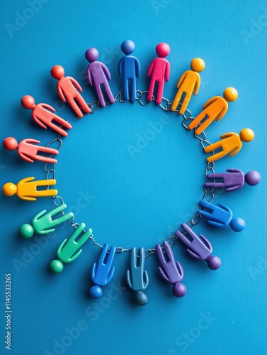 Unity Concept: Figurines & Paperclips Circle on Blue Background