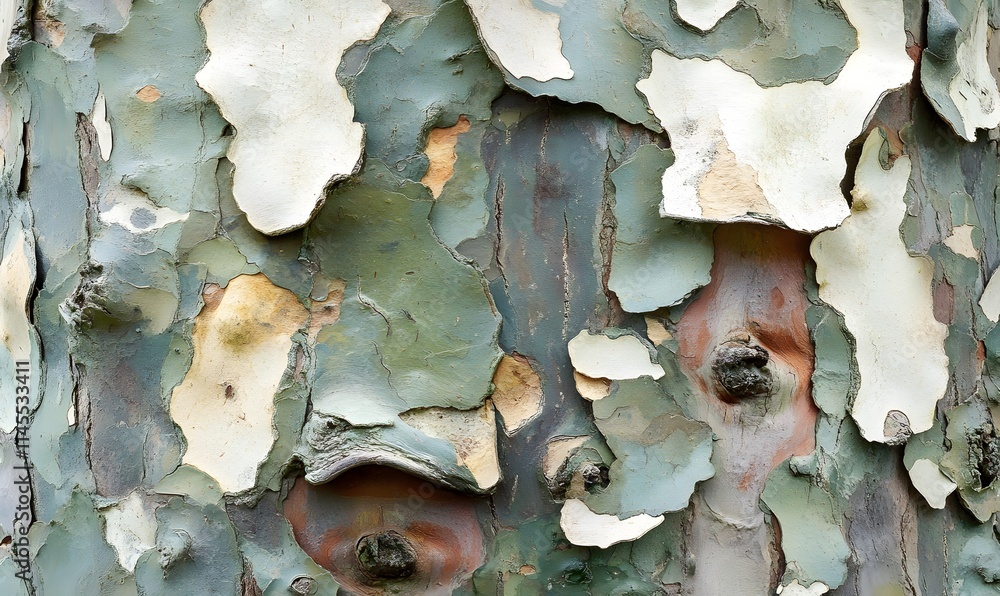 Close-up of peeling tree bark with green, white, and brown textures. Close-up of peeling tree bark with green, white, and brown textures.