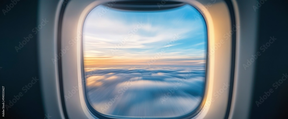 Naklejka premium Aerial View of Cloudscape at Sunset from Airplane Window