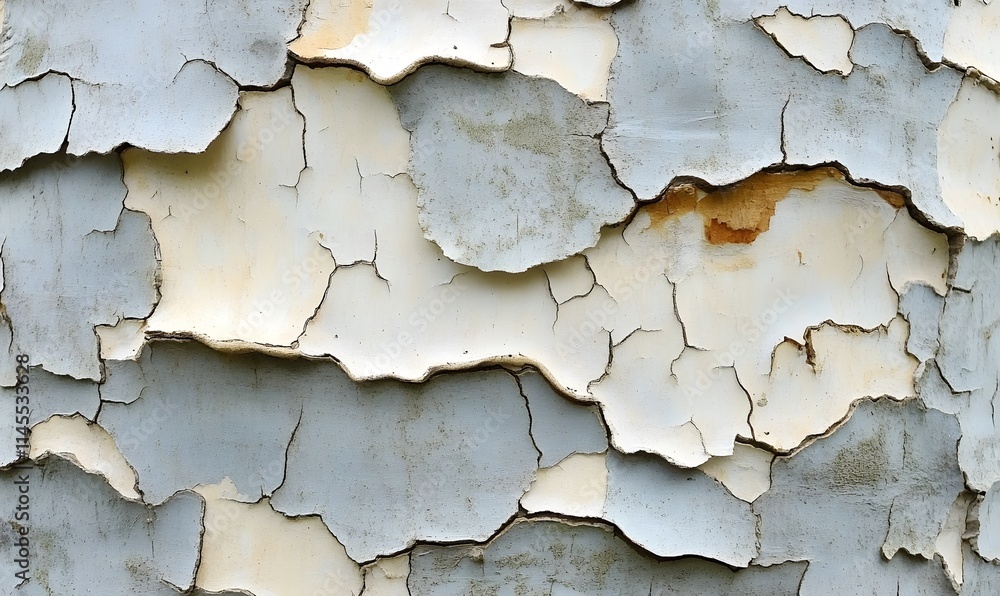 Obraz premium Close-up of cracked, peeling tree bark in grey and beige tones.