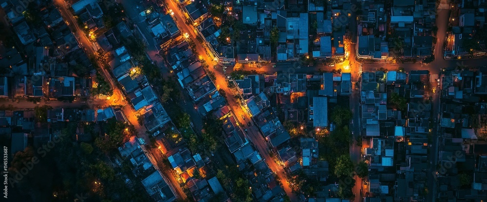 Aerial View of City Streets at Night, Illuminated Urban Landscape Aerial View of City Streets at Night, Illuminated Urban Landscape