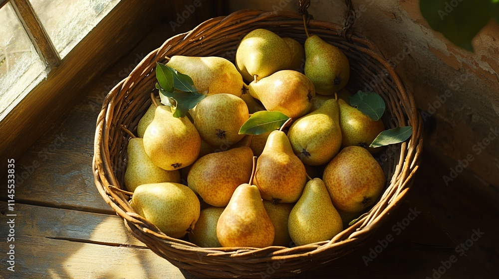 Sunlit wicker basket overflowing with ripe, yellow pears and green leaves.