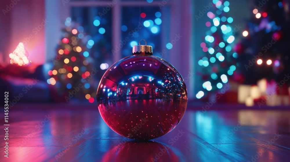 Fototapeta premium A glowing Christmas ornament reflecting the lights of a holiday-decorated room