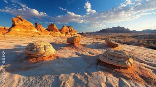 Colorful Desert Landscape with Unique Rock Formations and Clouds photo