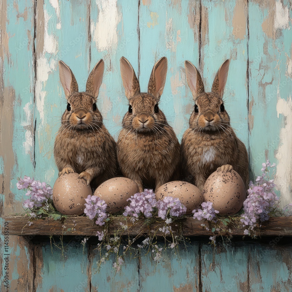 Obraz premium Three Easter Bunnies with Speckled Eggs on Rustic Wood