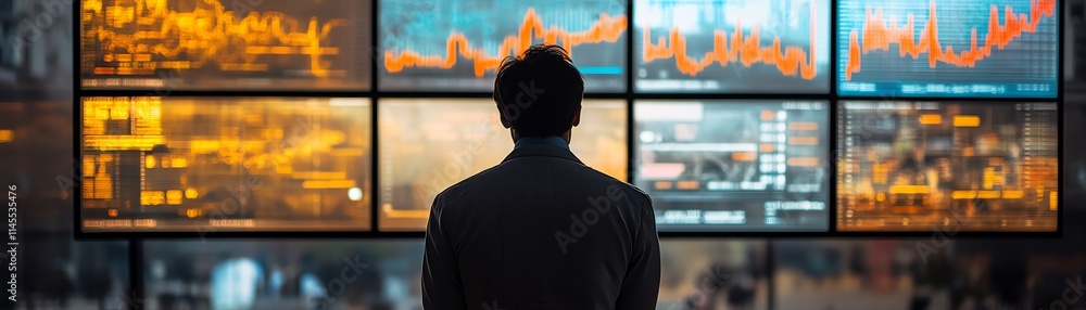 Fototapeta premium Businessman evaluating financial market performance on a digital screen, with business development charts and corporate finance planning