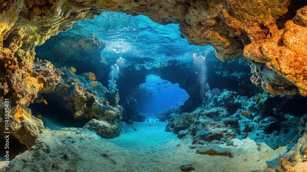 Fototapeta premium Beautiful underwater cave with vibrant sea life, creating a serene and peaceful underwater oasis.