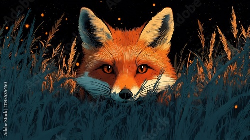 Playful vector illustration of a fox peeking through tall grass ideal for wildlife and nature themes photo