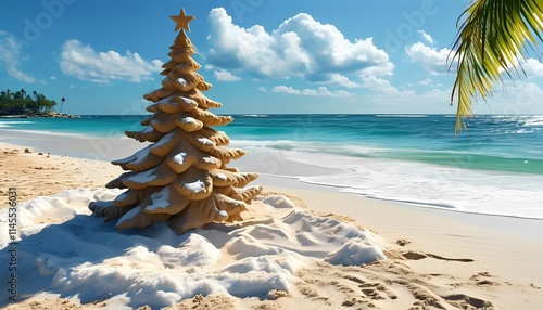 Unique christmas celebration sandy christmas tree on tropical beach scenic coastal landscape bright sunshine festive holiday spirit photo