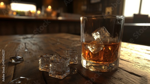 Glass of amber whiskey with ice cubes on a rustic wooden table in a cozy bar setting, perfect for evoking warmth and relaxation in stock imagery.