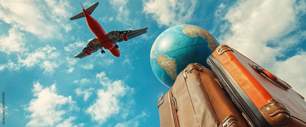 Naklejka premium Airplane Flying Over Globe and Luggage Journey Around the World