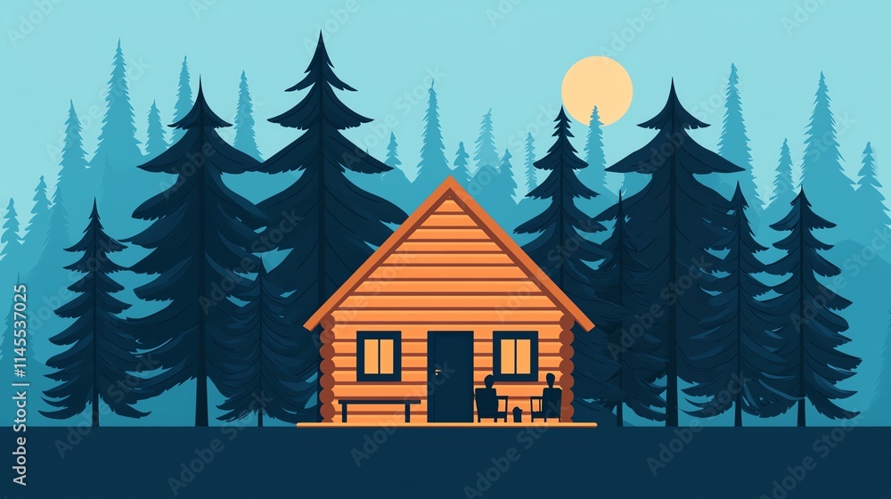 Obraz premium A cozy wooden cabin nestled among tall trees under a bright sun, showcasing a serene forest landscape.