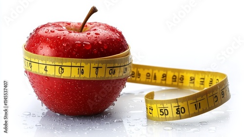 Red Apple Wrapped With Yellow Measuring Tape, Diet, Weight Loss, Healthy Lifestyle Stock Photo photo