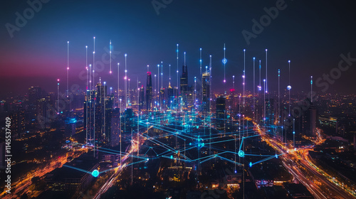 Wallpaper Mural Smart digital city with connection cyber security network reciprocity over the cityscape . future smart wireless digital city and social media networking systems that connects people within the city Torontodigital.ca