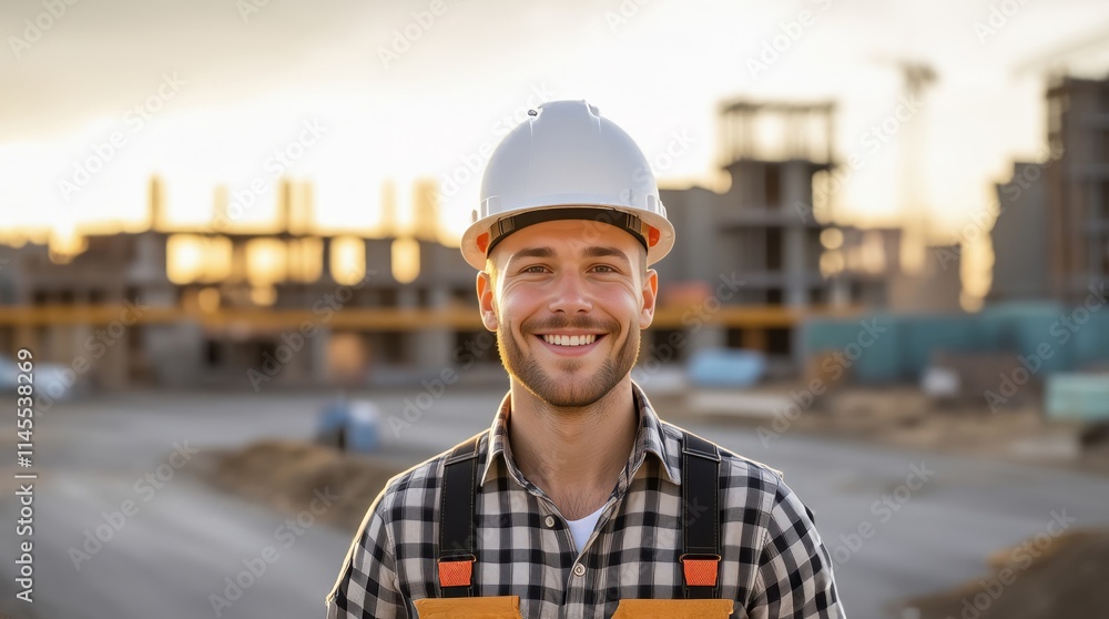 Architect man wearing builder safety helmet. Builder in helmet. Construction man in hard hat. Handsome male builder in hard hat at construction site. Architect man wearing builder safety helmet. Builder in helmet. Construction man in hard hat. Handsome male builder in hard hat at construction site.
