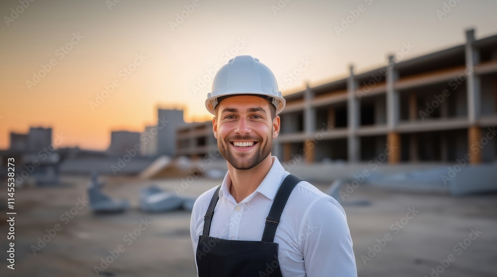 Architect man wearing builder safety helmet. Builder in helmet. Construction man in hard hat. Handsome male builder in hard hat at construction site. Architect man wearing builder safety helmet. Builder in helmet. Construction man in hard hat. Handsome male builder in hard hat at construction site.