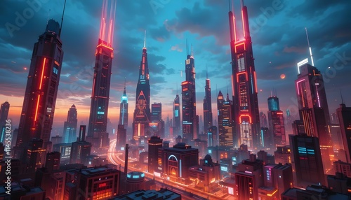 Futuristic cityscape at night with glowing neon lights and digital beams.